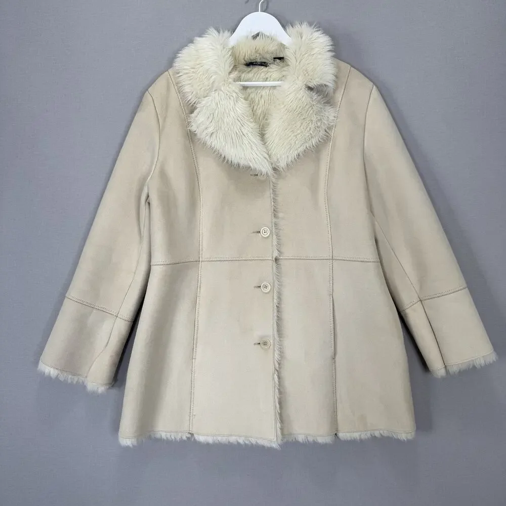 Vintage Mixit Faux Suede Penny Lane‎ Womens XL Beige Faux Fur Lined Y2K Jacket